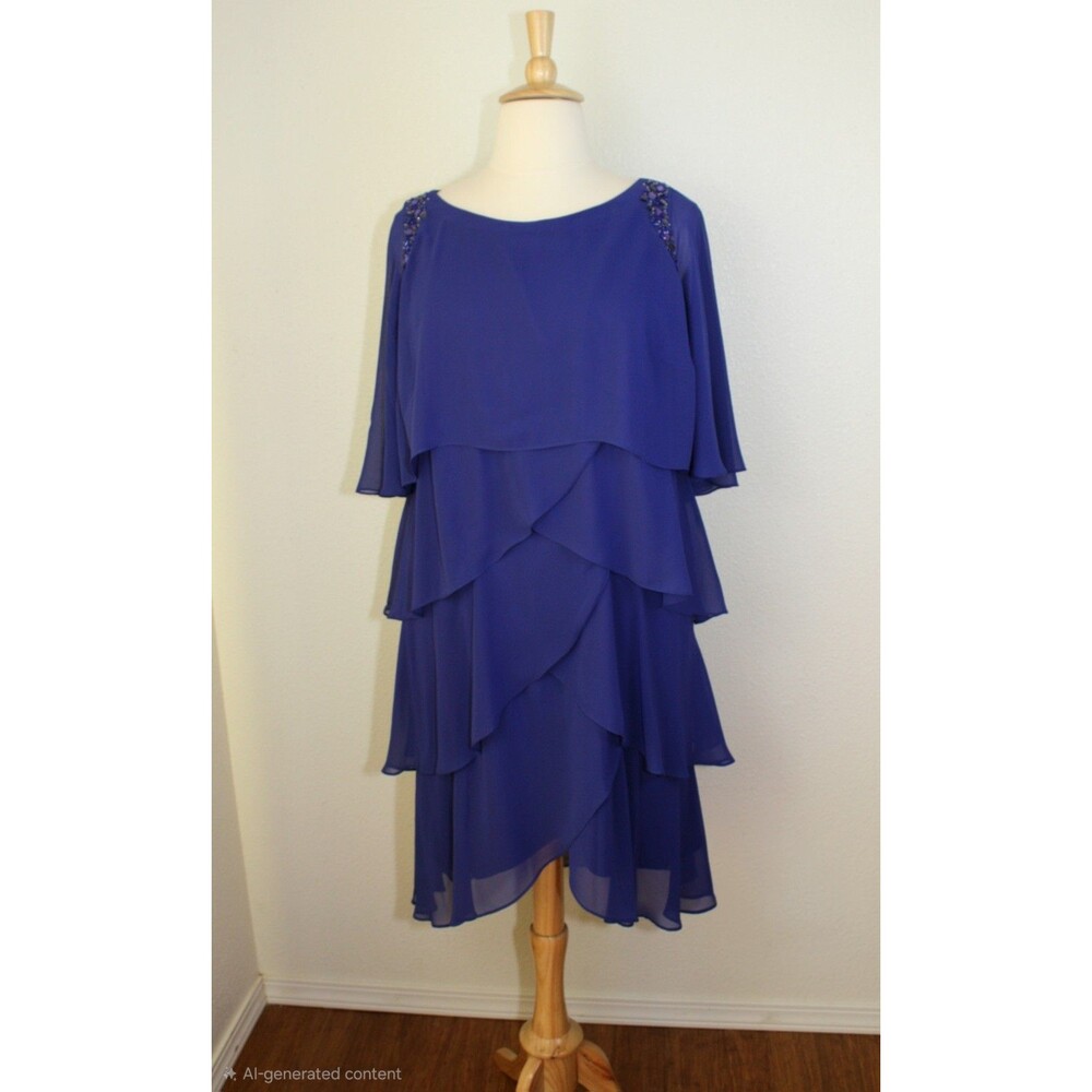 Fairycore Glam Regency SLNY Tiered Chiffon Dress 18W Blue Beaded Party Cocktail